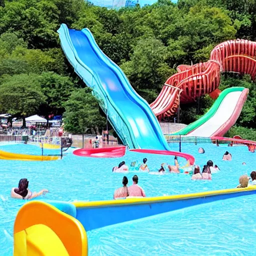 Image similar to photo of a large water park with numerous slides and water rides inside of central park. the new york city skyline is shown in the background.