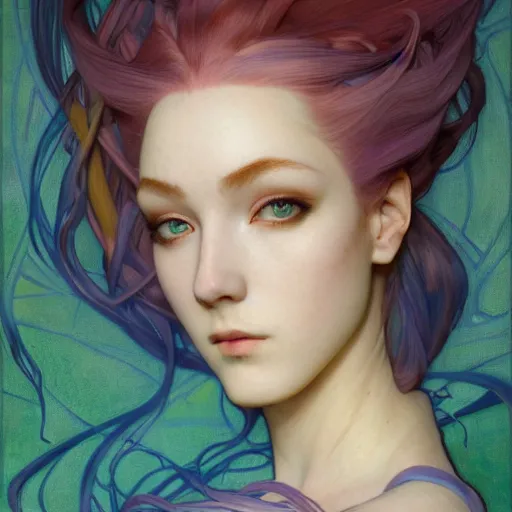 Image similar to Masterpiece head and shoulders portrait of Jinx from League of Legends of Arcane animated Series drawn by Donato Giancola and Makoto Shinkai, Edmund Leighton, Alphonse Mucha, background by James Jean and Gustav Klimt, 4k, porcelain skin, volumetric lighting, komorebi, french nouveau, trending on artstation, octane render, hyperrealistic