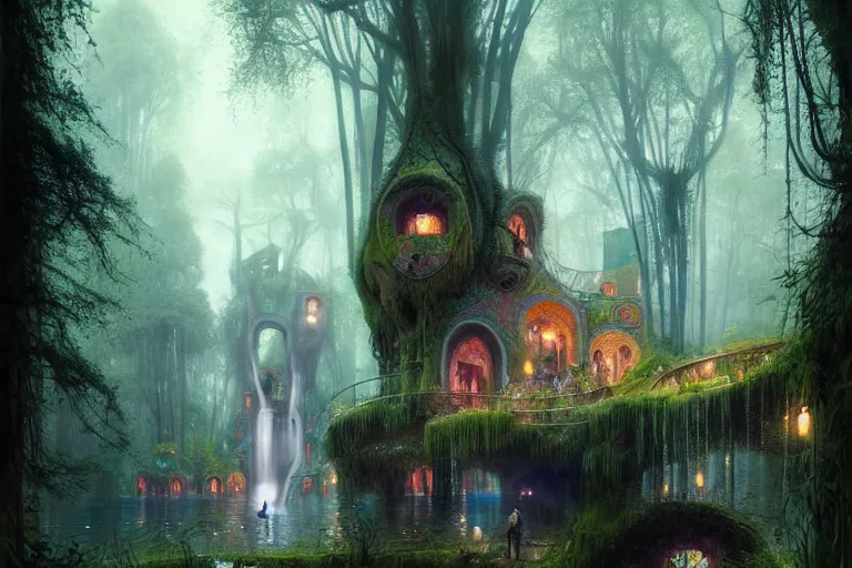 Prompt: mansion from hundertwasser and antonio gaudi in a deep mystical forest , lampoons, lake, waterfall, tall people walking and discussing, faint dynamic lighting, art by greg rutkowski and peter mohrbacher on artstation, night mood