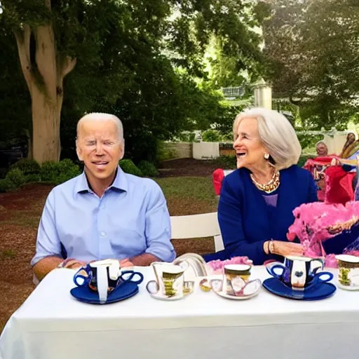 Image similar to hasbulla and joe biden at a tea party outside, well lit, realistic, photogenic, global illumination, in focus
