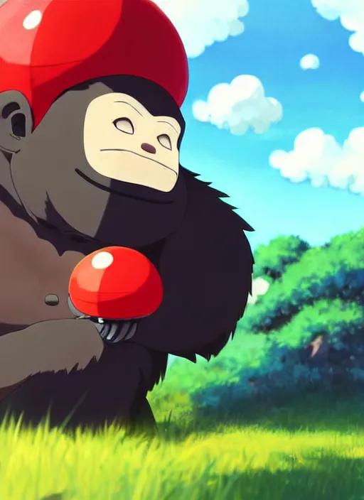 Image similar to wholesome cartoon anime gorilla holding a very small red mushroom, chilled out smirk on face, sunny sky background, lush landscape, illustration concept art anime key visual trending pixiv fanbox by wlop and greg rutkowski and makoto shinkai and studio ghibli and kyoto animation, symmetrical facial features, red headphones on head