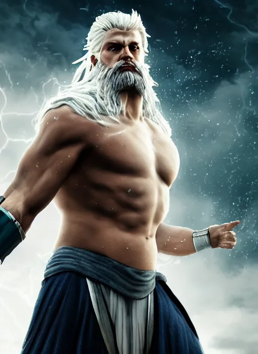 Image similar to zeus, god of thunder, greek god, white hair, powerful, upper body, white robe, in mortal kombat, splash art, movie still, cinematic lighting, dramatic, octane render, long lens, shallow depth of field, bokeh, anamorphic lens flare, 8 k, hyper detailed, 3 5 mm film grain