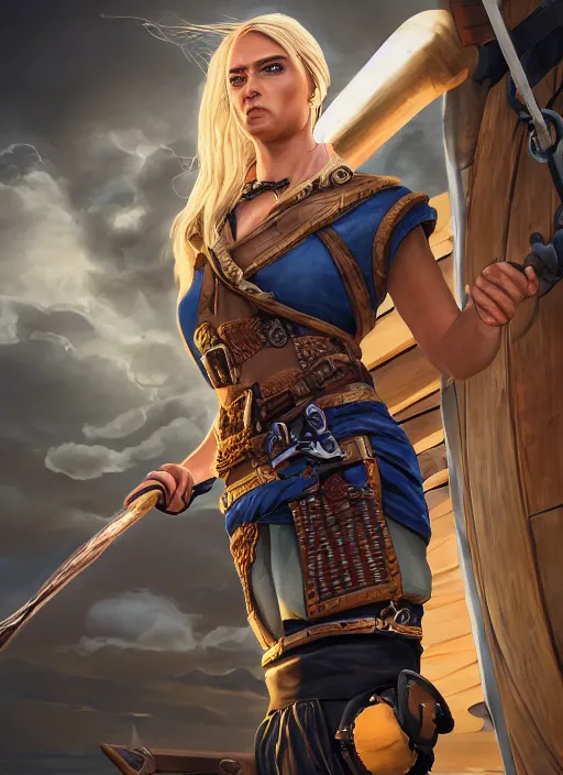 Image similar to An epic fantasy comic book style portrait painting of tall blonde haired female sky-pirate with a serious face and a pony tail in front of a metal gangplank in the style of the wheel of time, unreal 5, DAZ, hyperrealistic, octane render, cosplay, RPG portrait, dynamic lighting