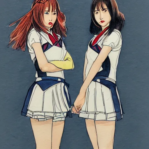 Prompt: a perfect, realistic professional concept sketch of two Japanese schoolgirls posing, in style of Marvel and DC, full length, by pen and watercolor, by a professional American senior artist on ArtStation, a high-quality hollywood-style sketch, on high-quality paper, 1980s