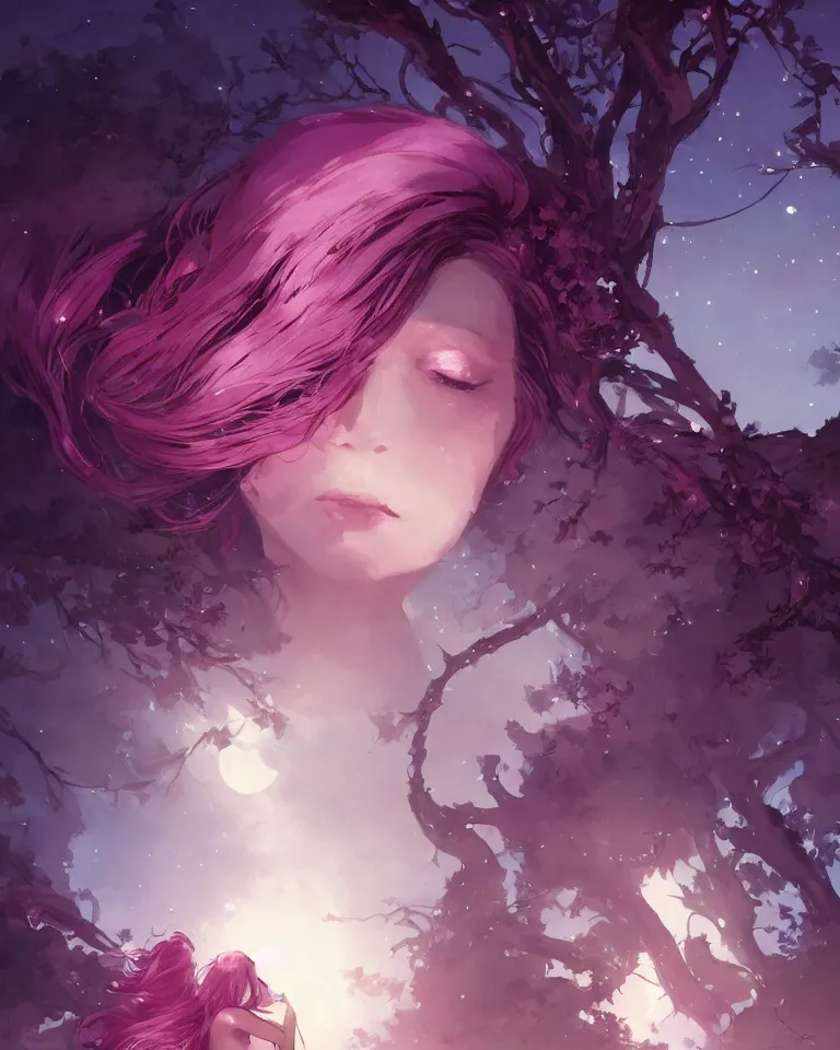 Image similar to a highly detailed image of A beautiful woman basking in the moonlight, with medium length magenta hair covering an eye, tall tree, large obsidian chunks, cinematic lighting, dramatic atmosphere, by Dustin Nguyen, Akihiko Yoshida, Greg Tocchini, Greg Rutkowski, Cliff Chiang, 4k resolution, trending on artstation