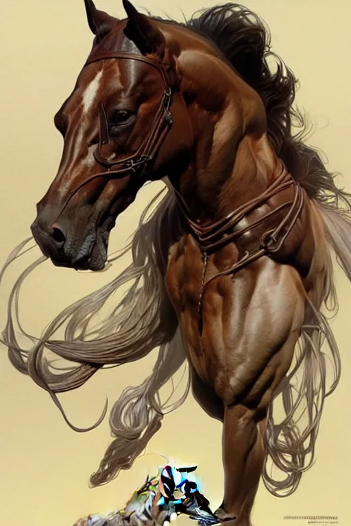 Prompt: an enormously muscular horse at a research facility doffed in leather, highly detailed, digital painting, artstation, concept art, sharp smooth focus, illustration, art by artgerm and greg rutkowski and alphonse mucha