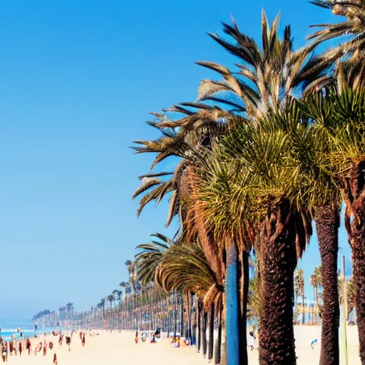 Image similar to a line of palm trees on a santa monica beach, line of palm trees recedes into distance, line of palm trees floats upright into blue sky, california