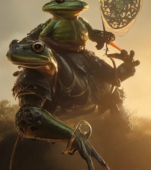 Image similar to a frog knight, holding up a large kite shield, battle armor, atmospheric lighting painted intricate volumetric lighting, beautiful, sharp focus, ultra detailed by leesha hannigan, ross tran, thierry doizon, kai carpenter, ignacio fernandez rios