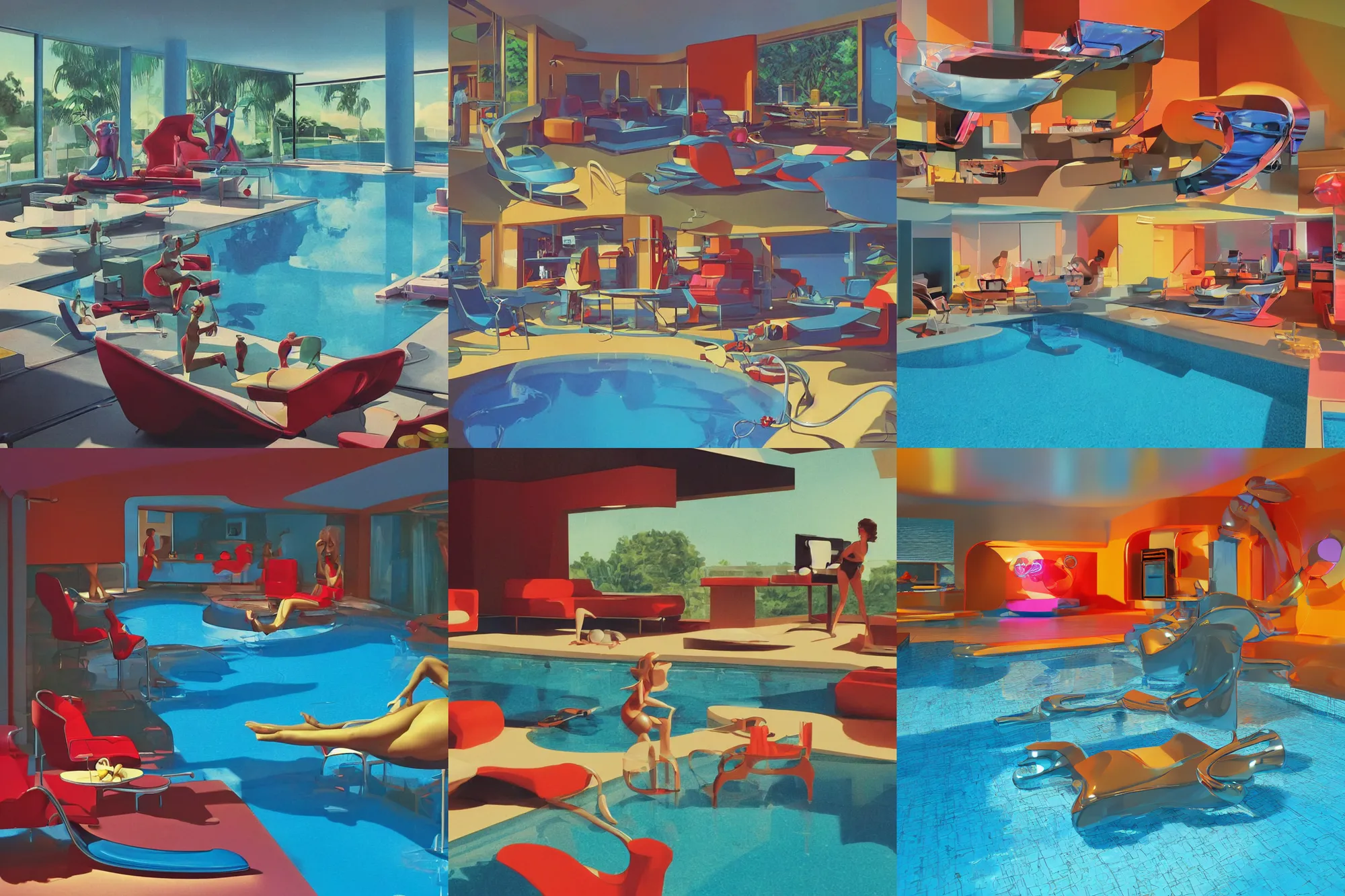 Prompt: cropped extreme telephoto of!!!!!! shiny plastic toy sculpture!!!!!, depicting a!! futuristic lounge room!! with pool + kitchen ( ( ( sculpture styling influenced by norman rockwell + frank frazetta + syd mead ) ) ) ( retro 7 0 s colors, specular highlights, reflective plastic )