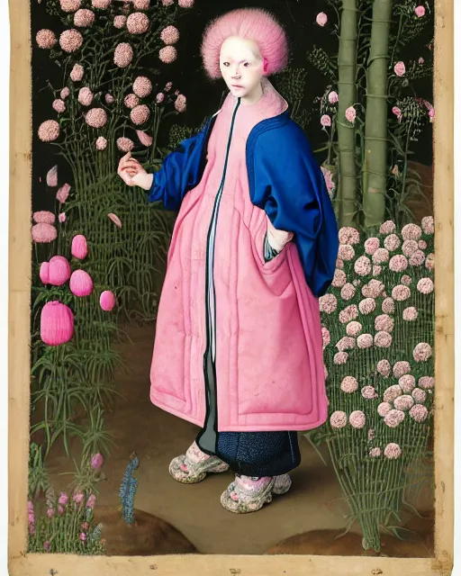 Image similar to portrait of a woman with pink hair buns, wearing a blue puffer jacket and baggy jeans, standing in a garden full of plants and flowers, white background, intricate details, high detail, in the style of rogier van der weyden and jacopo da pontormo, punk, asian art,