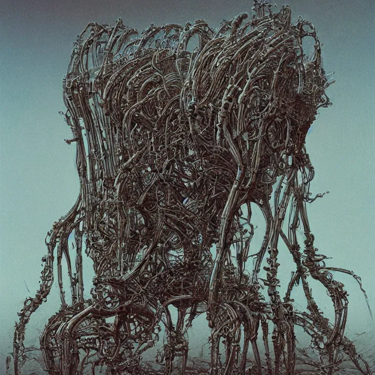 Image similar to organic cyborg alien skeleton alien centipede planet face style of peter gric Lovecraftian zdzislaw beksinski surrealism poster art