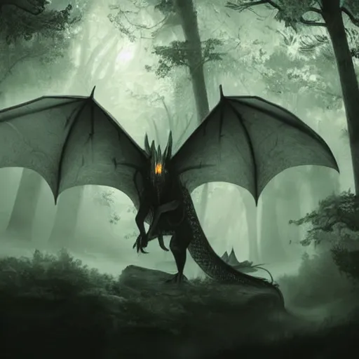 Prompt: a ghostly dragon staring menacingly in a foggy forest concept art, intricate, highly detailed, ultra realistic