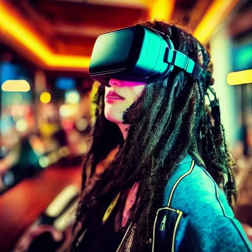 Image similar to a high quality portrait of a beautiful stunning pirate in a cyberpunk cyberpunk cyberpunk cafe wearing a VR visor realism 8k award winning photo