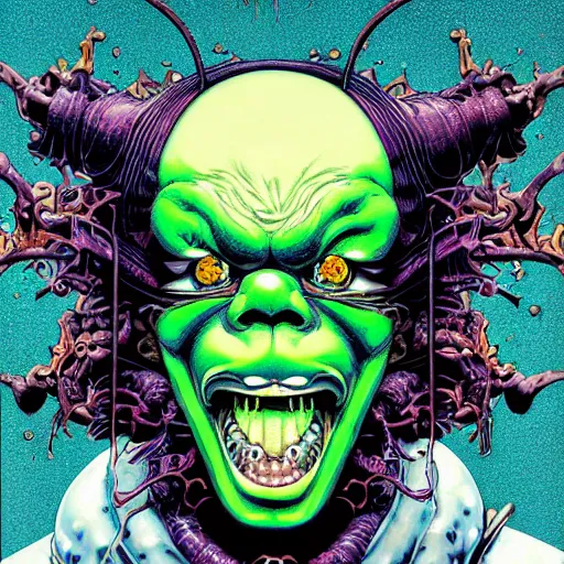 Image similar to portrait of crazy slimer, symmetrical, by yoichi hatakenaka, masamune shirow, josan gonzales and dan mumford, ayami kojima, takato yamamoto, barclay shaw, karol bak, chuck close