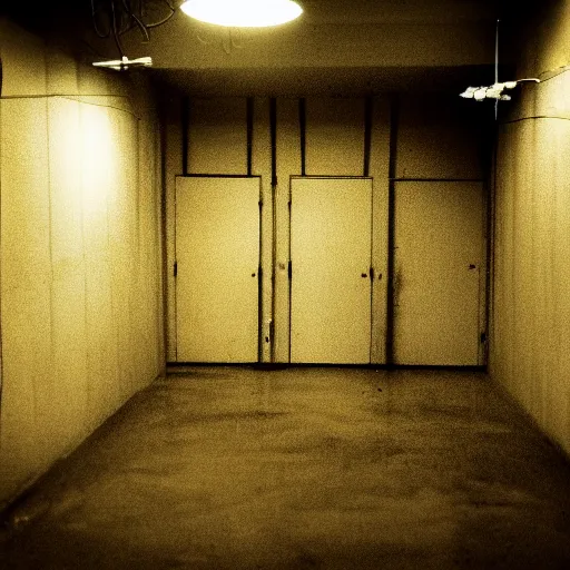 Image similar to an empty backroom at night, eerie atmosphere, yellow hue