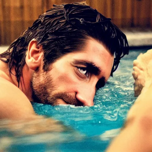 Image similar to move poster cinestill of Jake Gyllenhaal sitting in a hot tub in the movie Waiting for Kristin