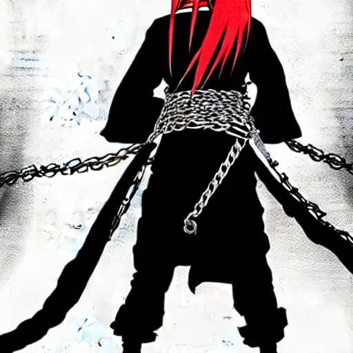 Image similar to A FULL BODY PORTRAIT FROM BEHIND OF MADARA UCHIHA ,THE MAN KEEPS A KUSARIGAMA AND IT IS WRAPPED IN CHAINS ,detailed, concept art, ink style , sketch