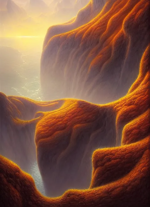 Image similar to autumn mornings in the low - poly cliffs of illusions, diffuse lighting, fantasy, intricate, surrealism!!!!, highly detailed, lifelike, photorealistic, digital painting, artstation, illustration, concept art, smooth, sharp focus, by greg rutkowski, chris tulloch mccabe, valentina remenar and asher duran,