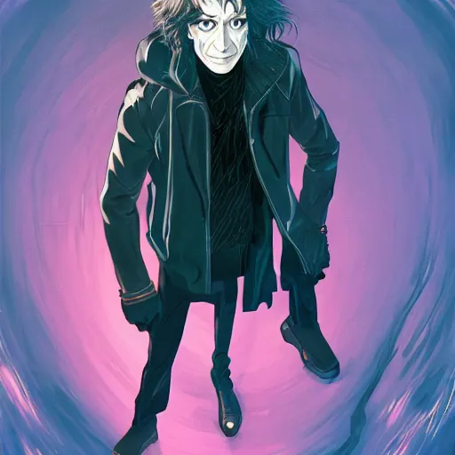 Image similar to Neil Gaiman as The Sandman, pale skin, long black leather jacket, unruly hair, ambient lighting, 4k, anime key visual, lois van baarle, ilya kuvshinov, rossdraws, artstation