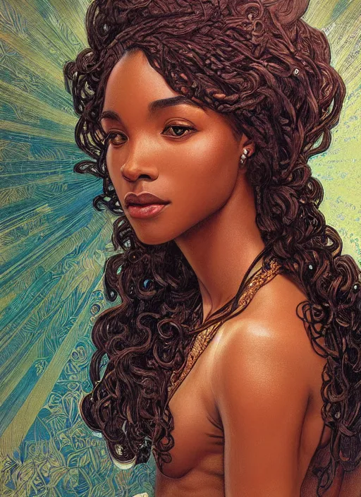 Image similar to beautiful african american young woman, head and shoulders portrait, intricate, elegant, highly detailed, centered, digital painting, artstation, concept art, smooth, sharp focus, illustration, art by artgerm and donato giancola and alphonse mucha