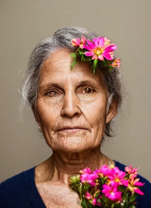 Prompt: portrait of a 6 7 year old woman, symmetrical face, flowers in her hair, she has the beautiful calm face of her mother, slightly smiling, ambient light
