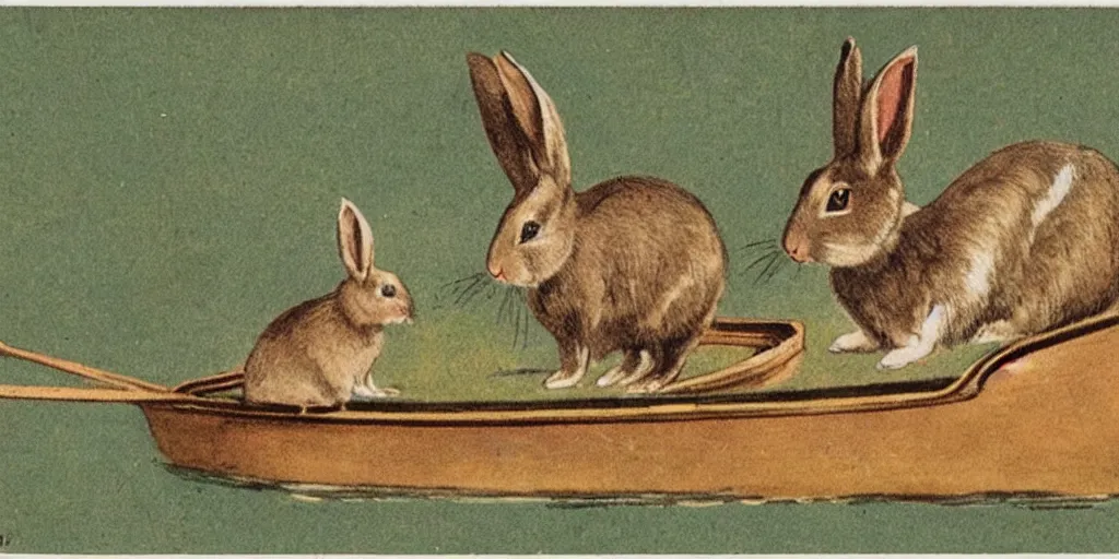 Prompt: a 1 9 1 0 s postcard representing a rabbit in a rowboat