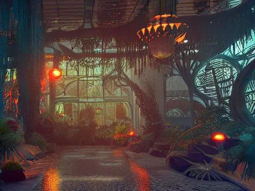 Prompt: an elaborate filigreed convoluted biopunk underwater streetcorner environment, glass panes, glowing lights, fronds, branches, art nouveau, dramatic lighting, 3 - d render, photorealism, unreal engine