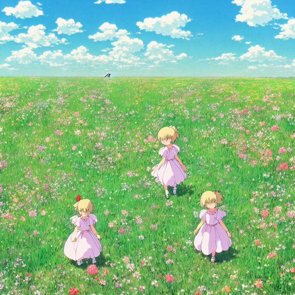 Image similar to little girl in princess dress, walking through a field of flowers, puffy clouds, beautiful, summer, calm, studio ghibli, art by hayao miyazaki, makoto shinkai