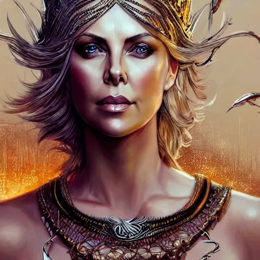 Image similar to a photo of charlize theron as a sorceress, urban motifs, intricate, elegant, highly detailed, digital painting, trending on artstation, concept art, smooth sharp focus, illustration, art by artgerm and greg rutkowski