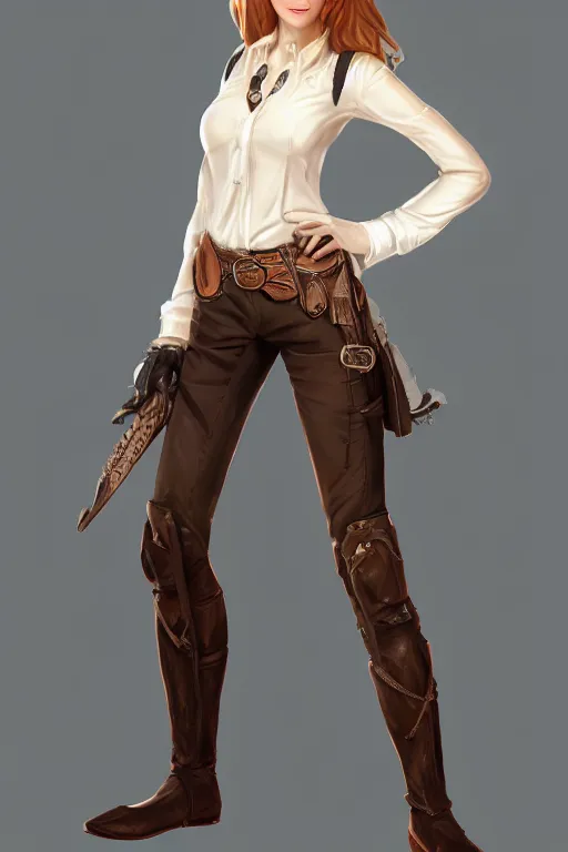 Image similar to full body, katherine mcnamara cowgirl, perfect face, white blouse, holster, 8 k, magic the gathering, desert, d & d, artstation, high detail, smooth, sweaty character concepts by senior concept artist