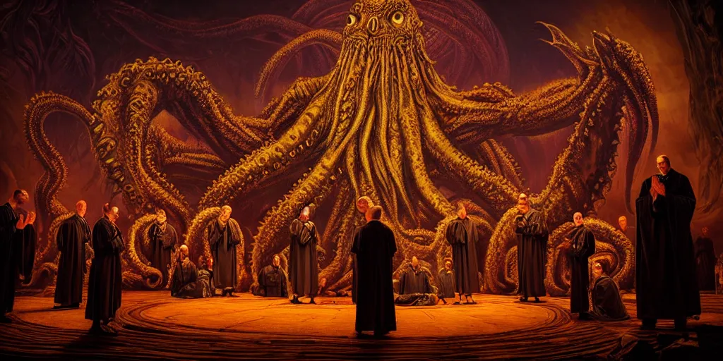 Image similar to portrait of circle group of priests invoking ritual in front of a giant cthulhu, intricate, glowing lights, highly detailed, sharp focus, wide - angle, atmospheric lighting, rich deep colors masterpiece, volumetric lighting, beautiful, rich deep colors masterpiece, sharp focus, ultra detailed by leesha hannigan, thierry doizon, kai carpenter