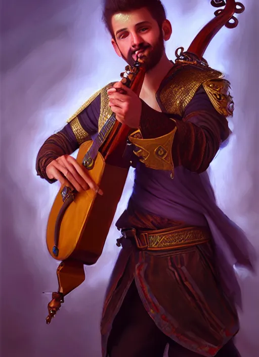 Prompt: a _ fantasy _ style _ portrait _ painting _ of pasific male charismatic bard playing instrument, rpg dnd oil _ painting _ unreal _ 5 _ daz. _ rpg _ portrait _ extremely _ detailed _ artgerm _ greg _ rutkowski _ greg