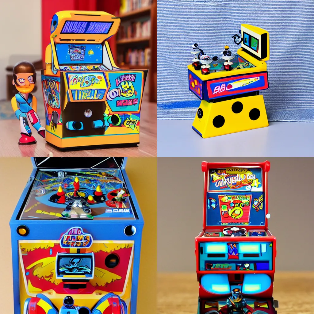 Prompt: nineties cartoon inspired adorable pinball robot action figure