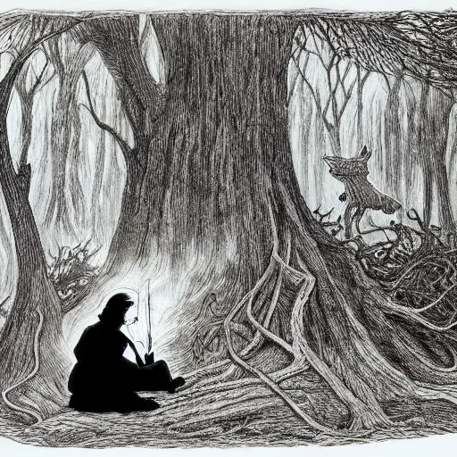 Prompt: a deep dark tangled forest, a white rabbit smoking a cigarette while reclining, a lingering smoke cloud, childrens illustration, by edward gorey, by gustav dore