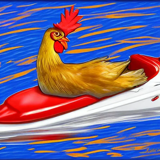 Image similar to digital art of a chicken on a jet ski, realistic, stylized, artstation, edward munch