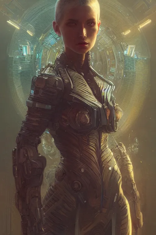 Prompt: female space android, sci-fi, blade runner, third person, D&D, sci-fi fantasy, intricate, highly detailed , art by artgerm and greg rutkowski and alphonse mucha and loish and WLOP, highly detailed, 3d, octane render, bright colors, digital painting, trending on artstation, sharp focus,