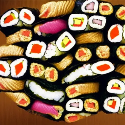 Prompt: ”shoes made of sushi rolls”