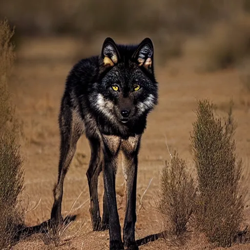 Prompt: black wolf in an australian desert, gold colored eyes, 4 0 0 mm photograph