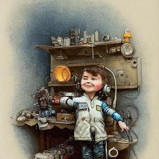 Image similar to ((boy in a retro space suit in a cluttered inventors shop . muted colors.)) by Jean-Baptiste Monge !!!!!!!!!!!!!!!!!!!!!!!!!!!