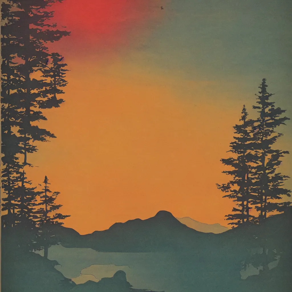 Image similar to beautiful vintage poster, whistler sunset, boho, midcentury, modern, muted colors, uniform lighting, top lit, detailed, beautiful solid colors, edge to edge, full frame