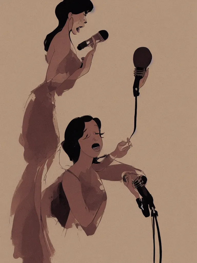 Image similar to woman singing into microphone by disney concept artists, blunt borders, rule of thirds