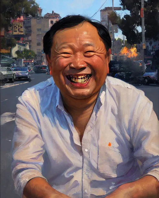 Image similar to greg manchess portrait painting of smiling creepy asian middle age man, sitting on moped motorbike burning on fire, medium shot, asymmetrical, profile picture, organic painting, sunny day, matte painting, bold shapes, hard edges, street art, trending on artstation, by huang guangjian and ail elvgren and sachin teng