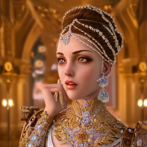 Image similar to portrait of pretty princess with perfect skin, glowing, ornate and intricate diamond jewelry, jaw dropping beauty, ornate and intricate backdrop, white accent lighting, hyper detailed, 4 k octane render