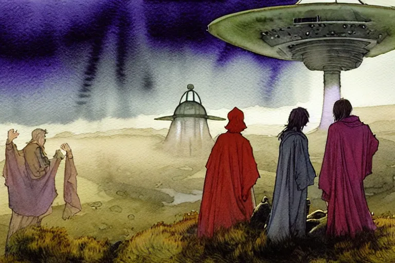 Prompt: a realistic and atmospheric watercolour fantasy character concept art portrait of a group of christians wearing robes and emerging from the mist on the moors of ireland at night. a ufo is in the background. by rebecca guay, michael kaluta, charles vess and jean moebius giraud