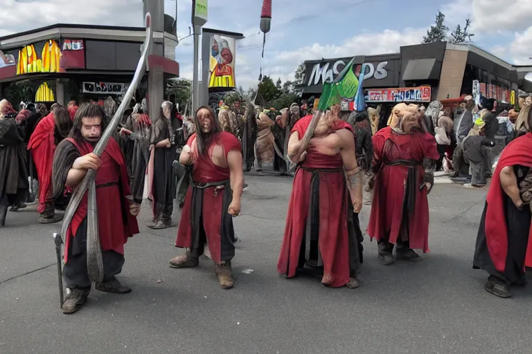 Image similar to cellphone photograph of lord of the rings uruk - hai and orcs protesting the working conditions at a mcdonalds parking lot in the daylight. dirty mcdonalds uniforms, aprons. picket signs and battleaxes in hand