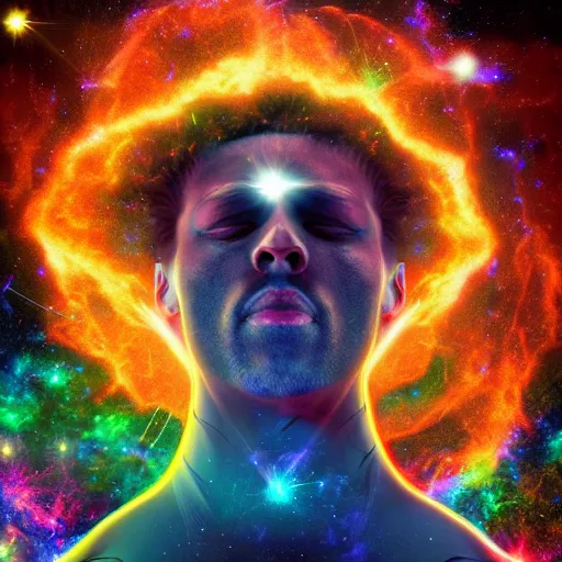 Prompt: a supernova forms around the figure of a man, digital art, high detail, colorful, explosive