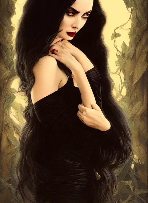 Image similar to ana de armas as morticia addams, masterpiece, intricate, elegant, highly detailed, digital painting, artstation, concept art, smooth, sharp focus, illustration, art by artgerm and greg rutkowski and alphonse mucha and uang guangjian and gil elvgren and sachin teng, symmetry!!