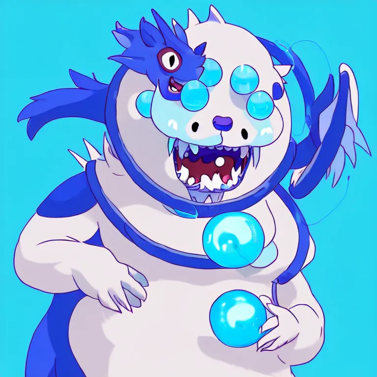 Image similar to a chubby anthropomorphic male blue dragon fursona chewing blue bubble gum, headphones on his head, cute, furry, beautiful, soft colors, oil on canvas, soft lighting