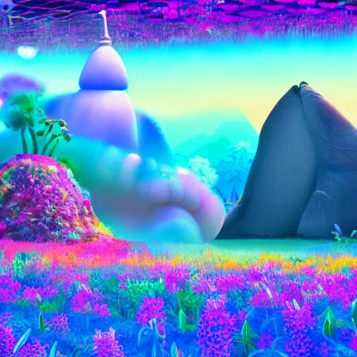 Image similar to Shots of an unreleased spiritual Pixar movie, landscape, 8K, photorealistic, high cohesiveness, psychedelic, concept art, vaporwave