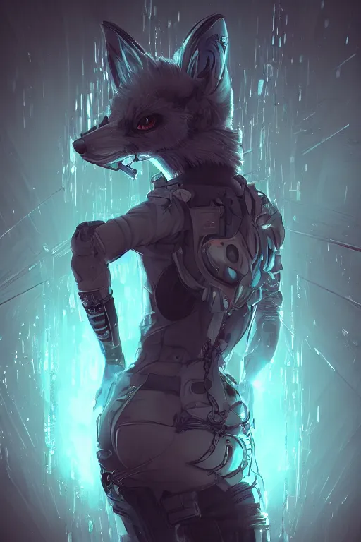 Image similar to an anthropomorphic cyberpunk fox, backlighting, trending on artstation, digital art, furry art, trending on furaffinity, fantasy art, by kawacy, view from behind, fluffy tail